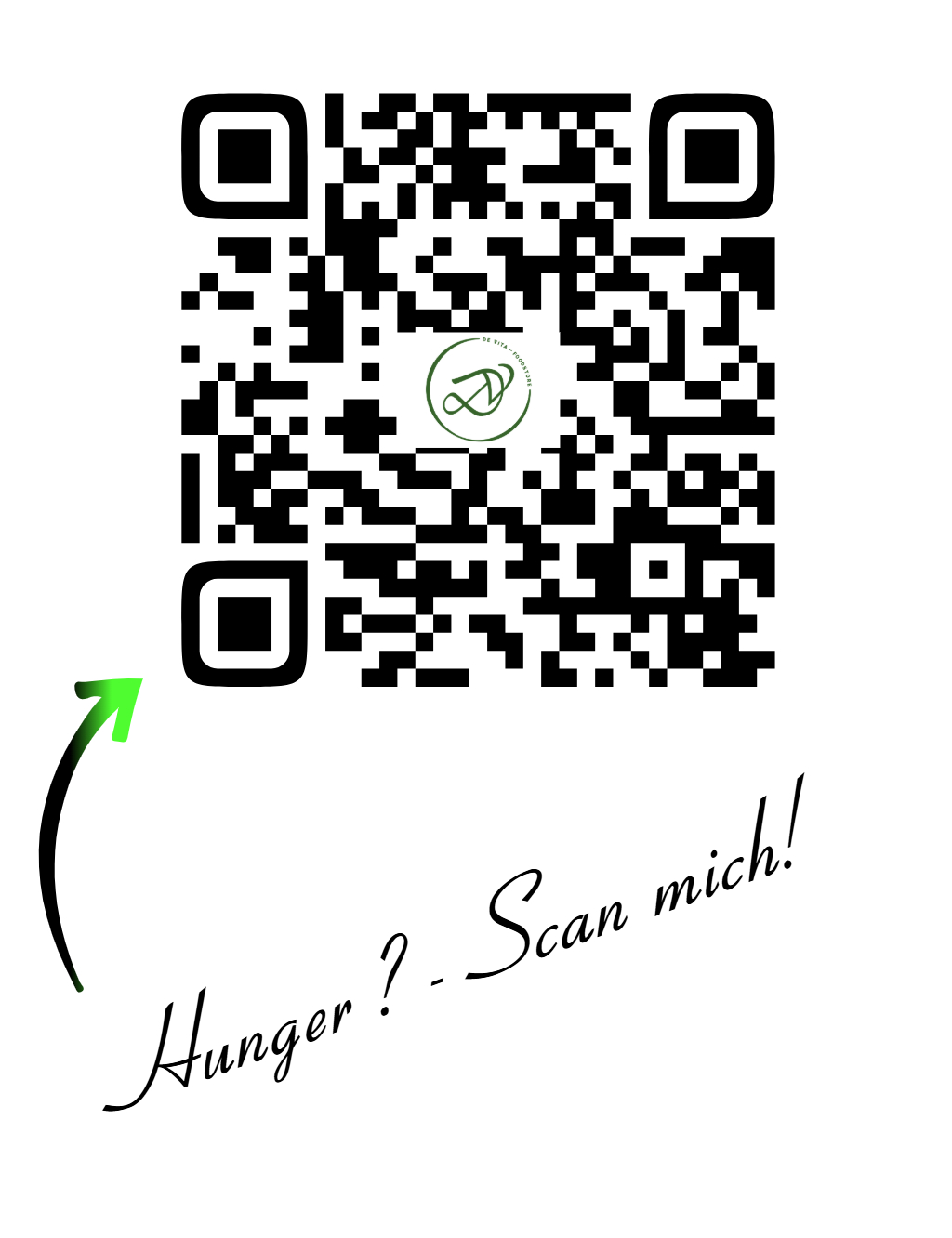 Schwarzer QR Code mit grünem Logo in der Mitte und dem Text Hunger scan mich